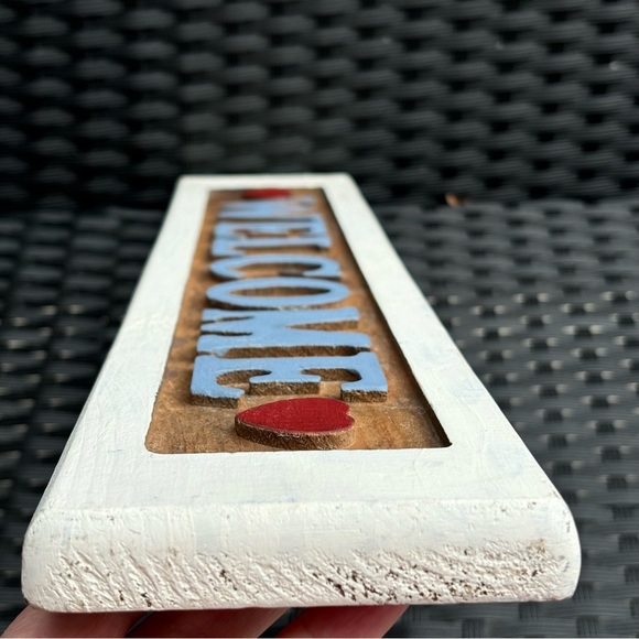 Vintage Wood Carved Welcome Sign with Hearts 22”x4” Handpainted - Picture 10 of 16